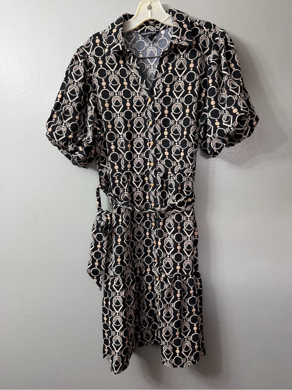 Nina Leonard Textured Wave Button Front Dress Black shirt puff sleeve dress
